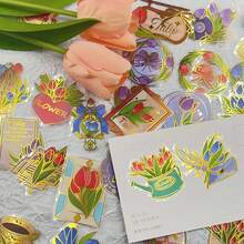 50张透明花朵贴纸 金色箔纸美学贴纸 工艺用品 PET乙烯基贴纸 - 彩色 - 查看 7