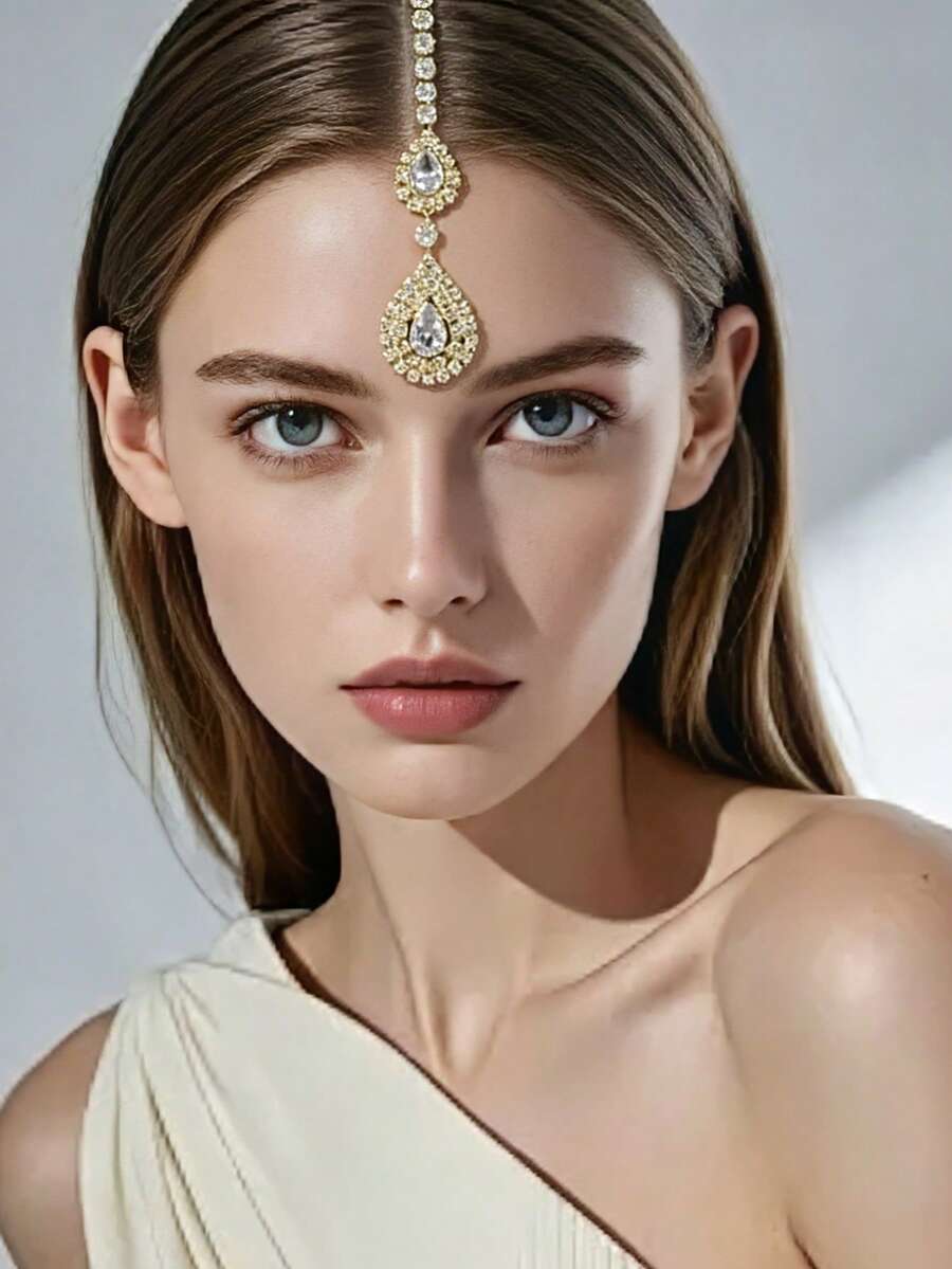1pc Elegant Women's Crystal Headchain, Fashionable Bridal Forehead Chain For Party & Daily Wear - Gold - View 1