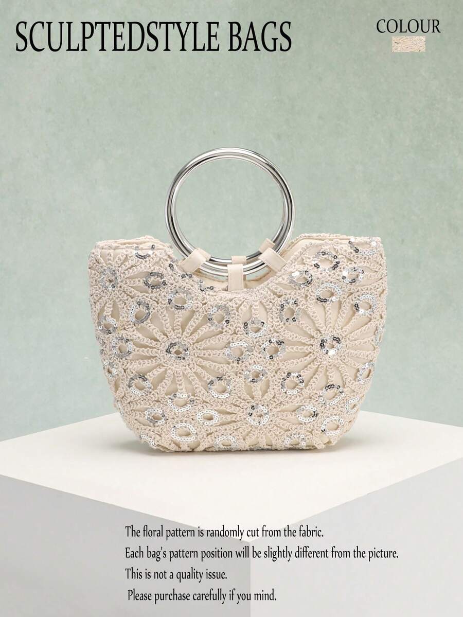 1pc Beige Hollow Crochet Floral Pattern Sequin Patchwork Women's Tote Bag, Metallic Silver Round Handle Handbag, Suitable For Summer, Countryside Style And Beach Vacation (Floral Sequin Pattern Randomly Distributed) - Beige - View 1