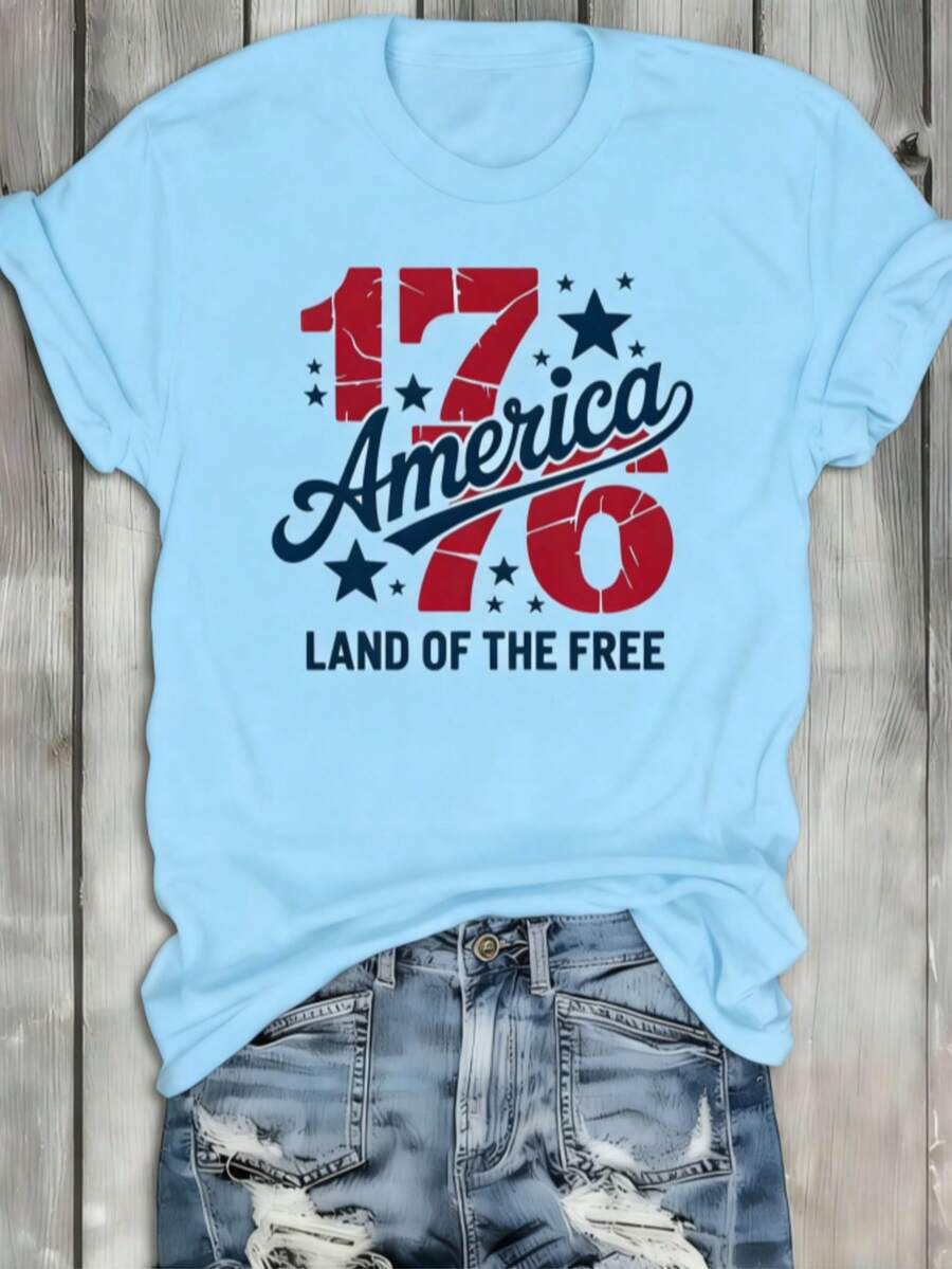 1 Piece Of 1776 American Freedom T-Shirt, Round Neck White Shirt, Women's "America 1776" T-Shirt – Vintage Distressed 1776 & Star Graphic Crew Neck Te - 淺藍色 - 查看 1
