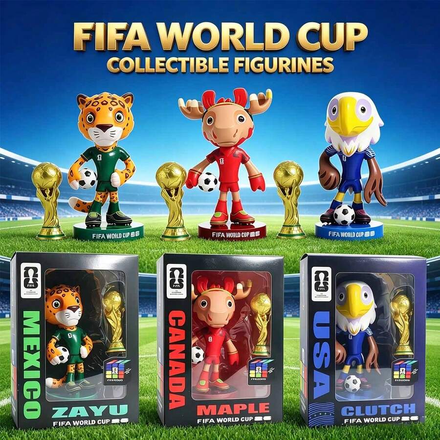 MINISO - Mô hình linh vật World Cup 2026, chất liệu PVC đạt chuẩn FIFA, kèm đế trưng bày, bao gồm cúp và bóng đá, món quà lý tưởng cho người hâm mộ bóng đá và trang trí nhà cửa, phụ kiện bàn làm việc, đồ dùng văn phòng, phụ kiện văn phòng phẩm.