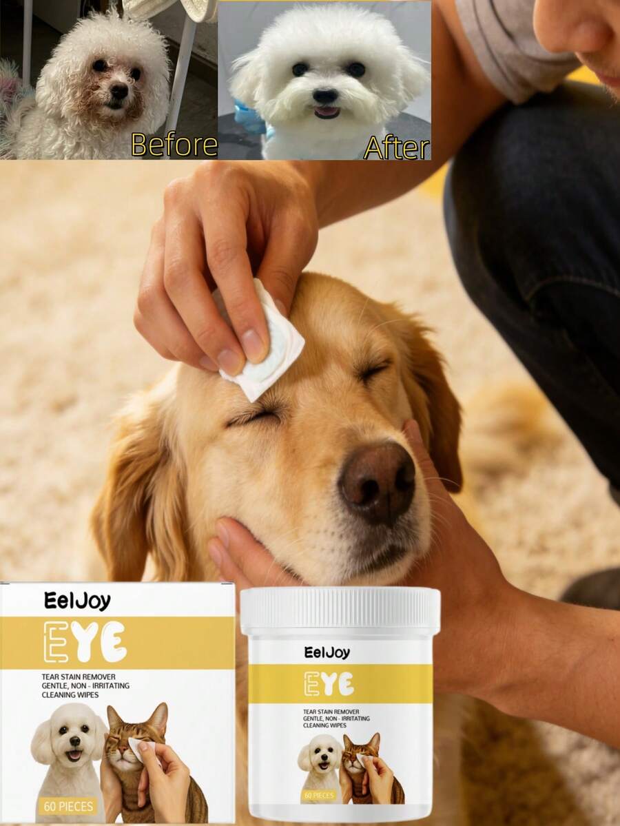 EelJoy 60对装宠物眼部清洁湿巾，猫狗适用，告别泪痕，提亮双眼，温和去除污渍，清洁方便，宠物护理必备，无需冲洗，保护宠物眼睛，轻松擦拭眼部污垢、泪痕和灰尘，从源头淡化顽固泪痕，让宠物双眼时刻清澈明亮
