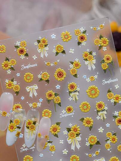 1pc 5D Embossed Exquisite Sunflower Nail Art Stickers Kawaii Yellow Flower Self Adhesive Transfer Sliders Nail Art Decor Stickers DIY Decals