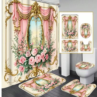 1/3/4 Sets Vintage Rococo Style Pink Rose Bathroom Shower Curtain Set; Waterproof And Durable, Suitable For Bathroom Decor And Accessories. Size: 71"X71", Includes 12 Hooks, Toilet Seat Cover, Bath Mat And Rug, Made Of High-Quality Polyester Fabric, Washable And Mildew-Resistant, Great For Holiday Decoration, Bathroom Setup, And Room Decor