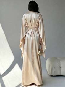 Elegantes lässig Damen Kleid, aus glatter Strickware gefertigt, mit Bootsausschnitt, extra langen Ärmeln, Rückenbindung, A-Linie Saum, geeignet für den täglichen Frühlingstragekomfort - Champagnerfarben - Übersicht 5