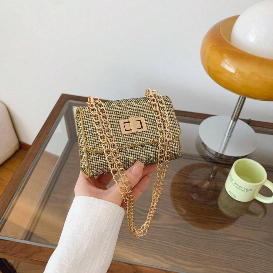 亮片儿童手提包，口红袋，时尚简约链条单肩小方包 - 金色 - 查看 1