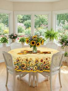 1pc Sunflower, Bee & Honeycomb Pattern White Round And Rectangular Tablecloth, Summer Country Style High-Quality Polyester Waterproof Anti-Stain Anti-Oil Anti-Dust Washable Reusable Spring/Summer Tablecloth, Suitable For Home Decor, Kitchen, Wedding, Wedding Table, Centerpiece Room Decor, Vintage Decor - Multicolor - View 4