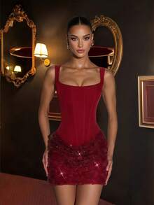 Elegant Sexy Sleeveless Sequin Patchwork Mini Dress For Party, Date Night - Burgundy - View 6