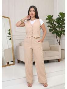 Women's Tailored Set: Vest And Wide-Leg Pants. Elegant, Casual, Chic, Modern, Conservative/Modest. Party/Fabric. Buttons Down The Front. Gathered Waist. Women's Formal Set. Office/Baby Shower/Formal And Evening. Holidays/Home/Summer, Spring And Autumn. - 米色 - 查看 5