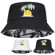 1 Sombrero de cubo de hombre con bordado de árbol de coco, sombrero de cubo de doble cara para el verano y la playa, sombrero de cubo de moda, sombrero casual adecuado para primavera, otoño, viaje, fiesta en la playa - Multicolor - Ver 8