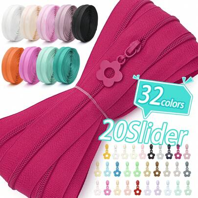 30色花卉主题拉链套装，177英寸拉链配20个配套拉链头，适合家庭缝纫DIY拉链更换