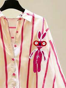 Designed Youthful Striped Contrast Button Front Short Back Long Embroidered Loose Casual Shirt, Long Sleeve Blouse Spring - Hot Pink - View 3