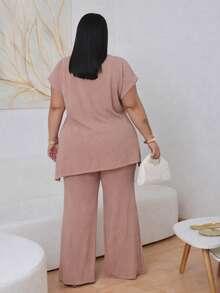 Women's Plus Size Elegant Asymmetrical Set In Premium Ribbed Anarruga Fabric, Short Sleeves, Wide-Leg Pants, Modern Look - Nude - View 2