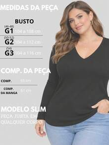 Women's Plus Size Black Long-Sleeved Blouse With A V-Neck, Fitted Design, And Highly Stretchy Ribbed Fabric, Ideal For Everyday Wear. - 黑色 - 查看 2