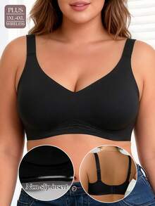 Plus-Size Women's Underwear, Solid Color, Wire-Free, Full Coverage, Wide Shoulder Bra, Elegant, Youthful, Comfortable, Breathable, Suitable For Sports, Yoga, And Home Use,Black - 黑色 - 查看 1