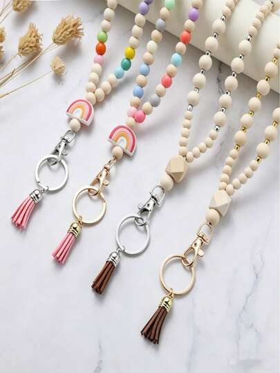 1pc Creative Rainbow Beaded Sweet Macaron Color Wooden Lanyard Necklace Keychain, Macaron Color Wooden Bead Long Tassel Anti-Lost Hanging Decoration, Suitable For Daily Outing, Shopping, School, Work, Random Color Beads