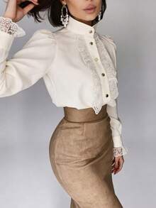 French Lace Patchwork Collar Elegant Blouse Spring - Apricot - View 5