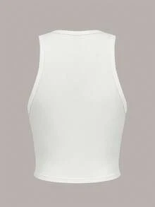 Y2K Solid Pink Crop Tank Top For Women, Ribbed Slim Fit Crew Neck Sleeveless Racerback Vest, Summer Streetwear,Dresses For Women Summer,Concert Outfits,Tops Women Summer - 白色 - 查看 2