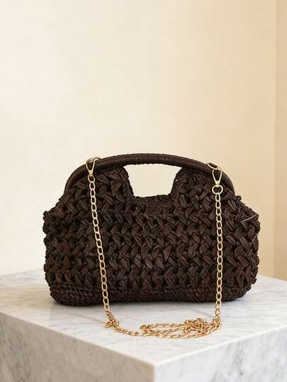 New Fashion Versatile High-Quality Woven Straw Tote Bag, New Clasp Pocket Design, Solid Color Woven Shoulder Bag, Beach Vacation Bag, Solid Color Clasp Brown Hollow Woven Design, Dual Top Handles, Metal Chain Top Design, Clasp Top Closure, Suitable For Dating, Vacation, Travel, Business, Commuting, Outing And Other Occasions