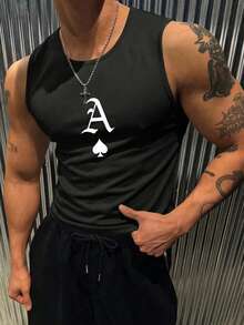 1pc Men's Vintage Black Spade Print Wide Shoulder Tank Top, New Summer Casual Slim Fit Sleeveless T-Shirt For Running, Fitness, Street Style - Black - View 3