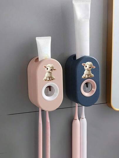 Máy phân phối kem đánh răng tự động hình chú cừu dễ thương kèm giá đựng bàn chải đánh răng - Máy ép và phân phối kem đánh răng tự động chống bụi - Giá đựng đồ dùng nhà tắm treo tường, thích hợp để đựng bàn chải đánh răng, lưu trữ và sắp xếp đồ dùng nhà tắm, trang trí nhà tắm, máy phân phối kem đánh răng tự động, trang trí nhà cửa mùa thu, đồ dùng học tập