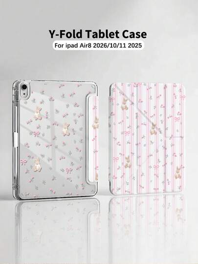 一体式粉色条纹卡通兔子图案透明亚克力平板电脑保护套，适用于 iPad (A16) 第 11 代 2025 款、Air 11/13 (M4) 2026 款，支持自动唤醒/睡眠功能，多角度支撑，笔槽，卡通风格，少女风，办公学习必备，非磁性保护套。