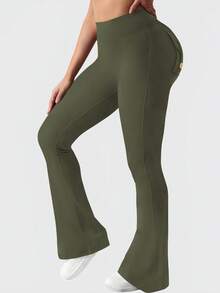 Women's Outdoor Pocket Bell Bottom Pants, Women's Tight Sports Yoga Pants, Casual Multi-Functional Solid Color Slim Fitting Work Pants, Hip Lifting Pants, Women's Classic Casual Sports Spring And Summer Styles - 橄欖綠 - 查看 4
