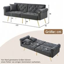 Modern 2-Seater Sofa Bed – Velvet Upholstery, 3-Position Adjustable Backrest & Gold-Plated Metal Feet. Stylish Sofa With Sleeping Function – Space-Saving, Durable, Ideal For Small Rooms. - Grey - View 2
