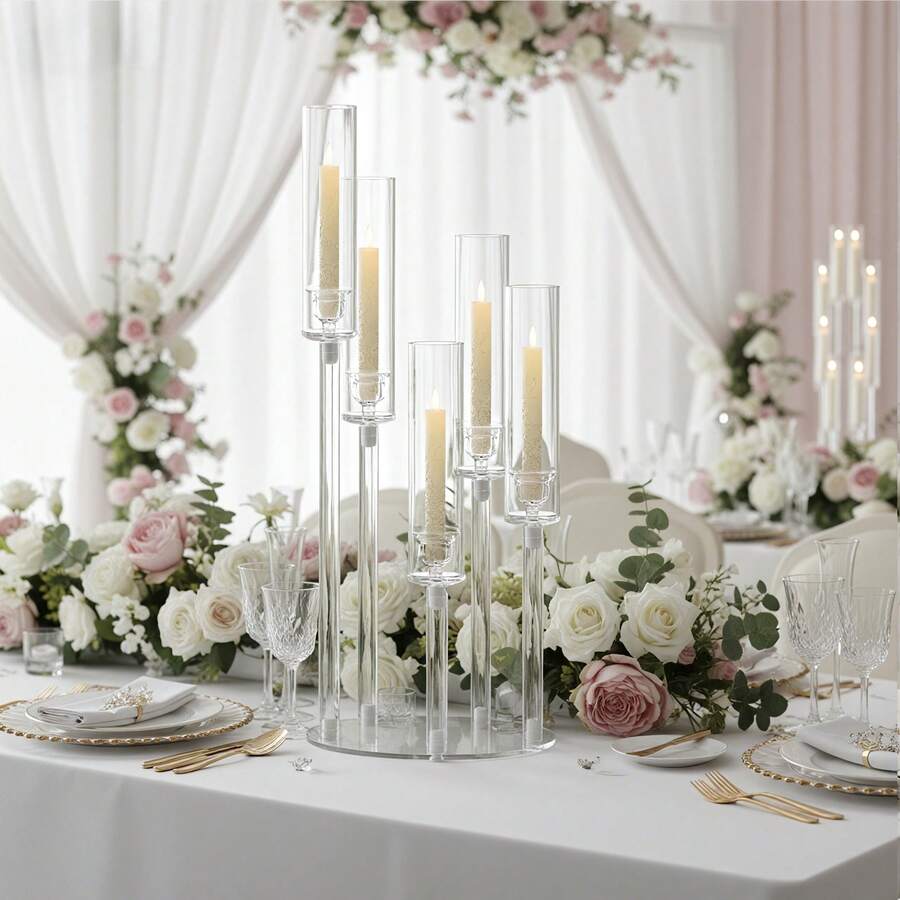 1pc Acrylic Candelabra Candle Holder Centerpiece For Tables Wedding,Clear 5 Arm Candle Stick In Bulk For Party,Brithday,Halloween,Christmas Candelabros Para Centros De Mesa(22Inches) Fit 0.8 LED Candle - 透明 - 查看 1