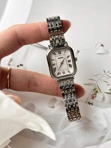 新款方形女士腕表，复古罗马数字，韩式时尚简约优雅休闲百搭奢华小众不锈钢石英腕表 - 白色 - 查看 3
