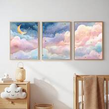 两幅帆布艺术墙画套装，月亮和星星主题儿童房三联画，粉蓝色云朵墙画，星空儿童房装饰，三幅无框画，点缀金色星星，儿童房墙面装饰，家居装饰，房间装饰美学，有框+无框，房间装饰，房间装饰品，婴儿房/客厅/卧室/办公室/装饰 - 彩色 - 查看 9