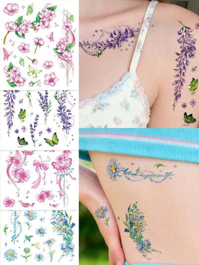 STARTTOOS 闪光渐变临时纹身贴纸 - 简约紫色薰衣草、蓝色雏菊、粉色花卉图案，Y2K风格防水假纹身，适用于音乐节、DIY动漫活动、嘉年华、情人节、派对礼物，可贴于手腕、脚踝、肩膀、脖子、锁骨处