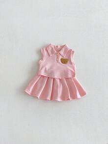 Miniweenns 2件組幼女返校套裝，學院風卡通POLO背心＋百褶裙套裝，可愛女嬰校服 - 粉色 - 查看 6