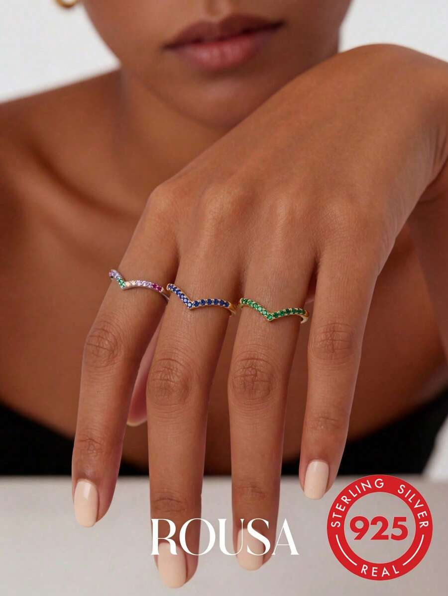 1pc 925 Sterling Silver Shallow V-Shaped Hollow Ring, Fashionable & Exquisite Crystal Earrings, Elegant Jewelry - Ring - View 1