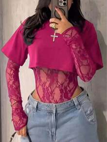 corta de mujer de encaje transparente de manga corta, body sexy de unicolor con parches de encaje transparente para uso diario, citas, fiestas de solteros, actuaciones en el escenario, elegante para primavera/verano en color negro - Rosa Fucsia - Ver 6