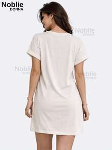 Women's T-Shirt Dress, Printed, Casual, Loose Fit, 100% Cotton - 白色/森巴 - 查看 2