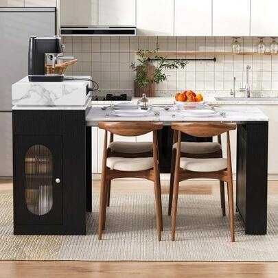 Kitchen Island Table With Casters, Fold-Down Dining Table, Bar Counter With Power Outlet And Hook, Can Be Used As A Kitchen Island Table, Dining Room Cabinet Or Bar Counter, Suitable For Kitchen And Dining Room (Black)