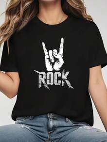 Ropa Exclusiva para Entusiastas del Rock: Camiseta de Moda Casual para Mujer con Estampado Gráfico de Gesto de Rock Clásico, Cuello Redondo, Primavera-Verano. - Negro - Ver 1