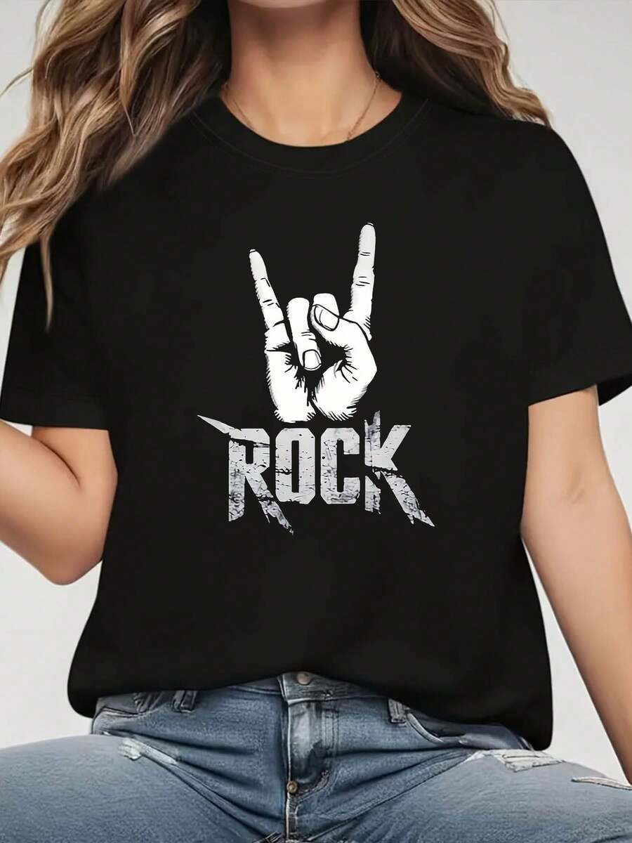 Ropa Exclusiva para Entusiastas del Rock: Camiseta de Moda Casual para Mujer con Estampado Gráfico de Gesto de Rock Clásico, Cuello Redondo, Primavera-Verano. - Negro - Ver 1