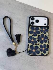 1pc Vintage Floral Pattern Litchi Texture Anti-Drop Anti-Slip Soft Phone Case + Heart-Shaped Lanyard, Compatible With Apple, Phones - Multicolor - View 5