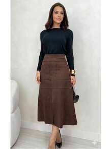 WOMEN'S SUEDE SKIRT WITH ZIPPER AND POCKET. STYLE AND ELEGANCE. - 鏽棕色 - 查看 2