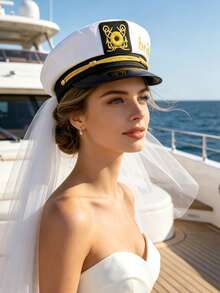 1顶欧美风新娘海军蓝帽，带面纱设计的遮阳帽，绣有“新娘”字样，婚礼拍照道具 - 彩色 - 查看 6