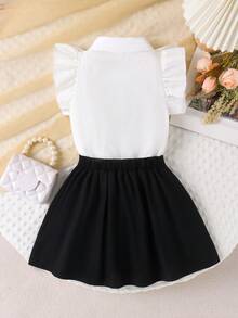2pcs/Set Young Girl' Cute Ruffle Trim Sleeveless Top And Bow Decor Skirt Set, Summer - Black - View 2
