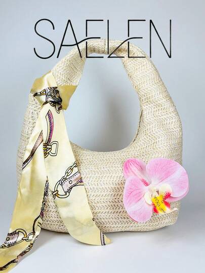 Túi cói thời trang mới năm 2026 dành cho nữ, túi xách trang nhã với khăn lụa và hoa, túi đi biển đa năng, túi du lịch nhẹ. Hoàn hảo cho mua sắm, nghỉ dưỡng, những ngày đi biển và những vật dụng cần thiết cho chuyến du lịch mùa hè.