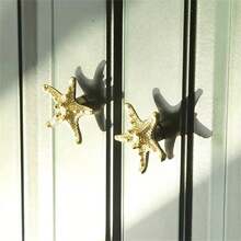 2 pièces Poignées de placard en forme d'étoile de mer en métal - Boutons de tiroir en métal brillant, poignées de décoration pour cuisine et maison, design compact à trou unique, forme cylindrique, accessoires de porte de placard | Thème océanique | Métal brillant, décoration étoile de mer - Multicolore - Voir 5