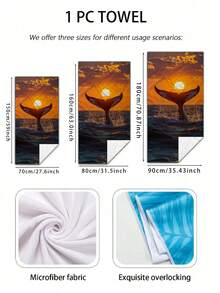 复古橙黑鲸尾沙滩巾，速干防沙超柔软纤维大号浴巾，日落海景海洋主题高品质沙滩巾，适用于游泳、旅行、露营、泳池、SPA、夏季度假等场合。 - A - 查看 4