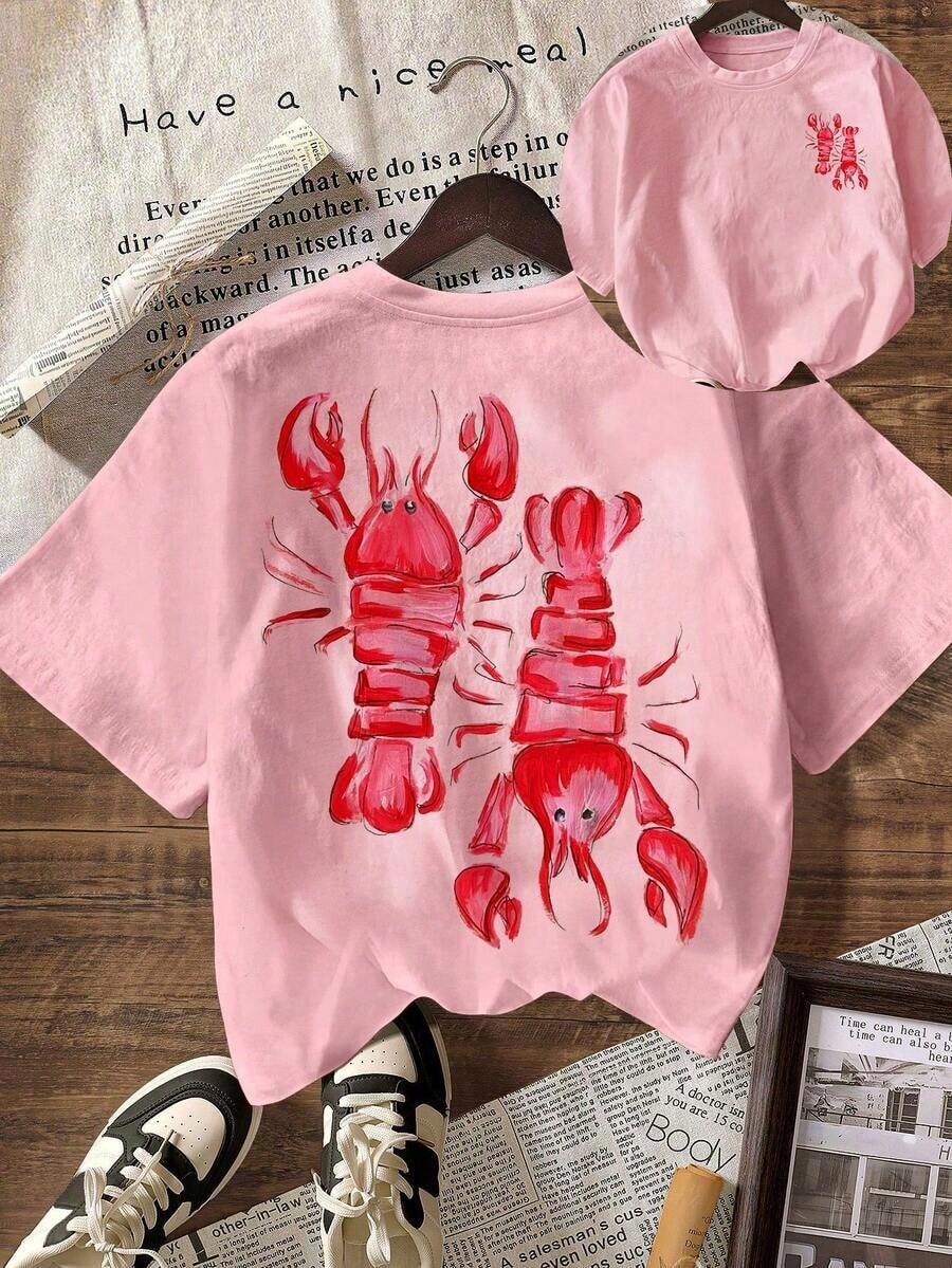 Y2K Pink Lobster Summer Beach Club Women Casual Round Neck Short Sleeve T-Shirt,Free Shipping, Clothes Women,Summer Tops For Women,Cotton Women Clothing - 淺粉色 - 查看 1