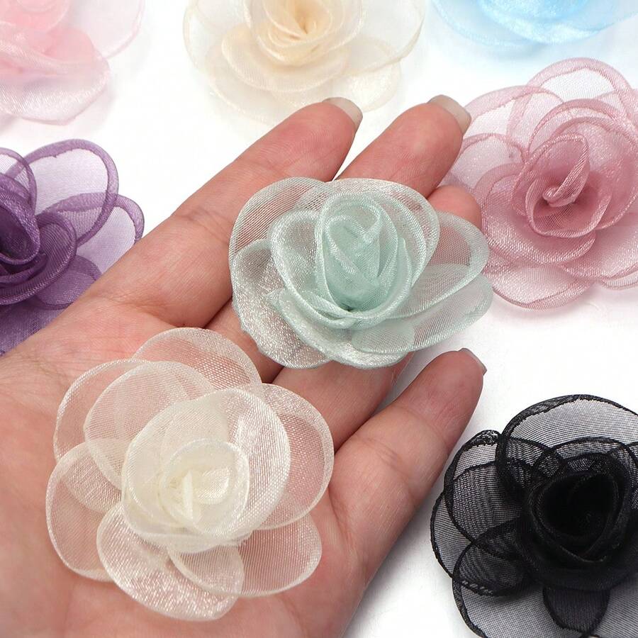 5pcs Burnt Edge Mesh Flower, 4.5cm 3D Floral Decor, For DIY Brooch, Bag Decoration, Wedding Corsage, Wristband, Necklace Flower, Clothing Accessories