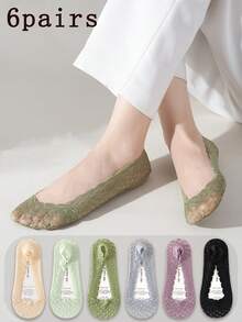 6 đôi tất nữ lưới ren không lộ cổ chân, siêu mỏng, thoáng khí, chống trơn trượt, lót ẩn, viền bèo dễ thương, phù hợp với giày bệt, giày cao gót và giày lười. - Nhiều màu - Xem 2