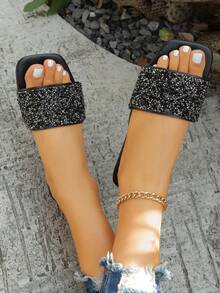 2026 New Flat Slide Sandals/Solid Color, Flat Design, Shiny Vamp, Exquisite Rhinestone Decor, Slip-On Style, Easy To Clean, Elegant & Refined, Fashion Versatile, Suitable For Daily Wear, Shopping, Dating, Vacation, Travel - Black - View 6